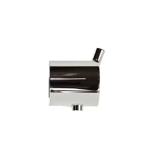 Chromfarbener Hansgrohe Griff mit zwei Anschlüssen, einer oben und einer unten. Das Produkt hat eine glänzende Oberfläche und eine kompakte, runde Form.
